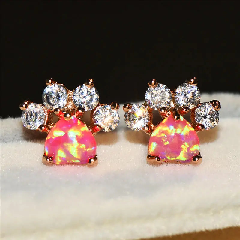 Cubic Zirconia Paw Print Stud Earrings