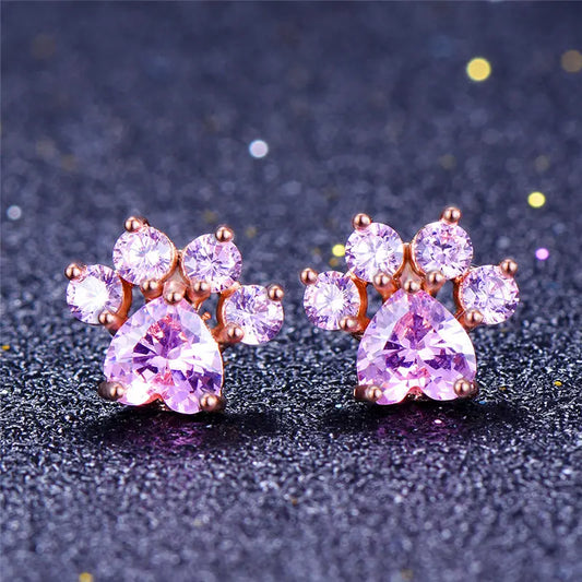 Cubic Zirconia Paw Print Stud Earrings