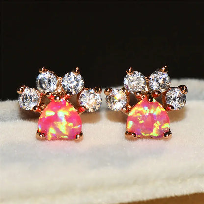 Cubic Zirconia Paw Print Stud Earrings