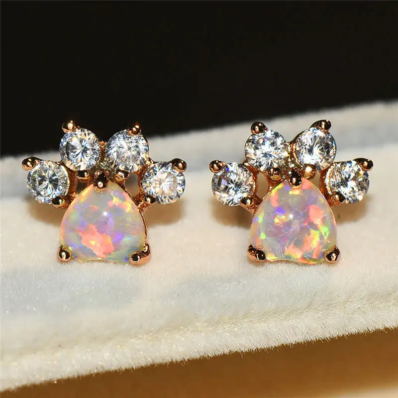 Cubic Zirconia Paw Print Stud Earrings