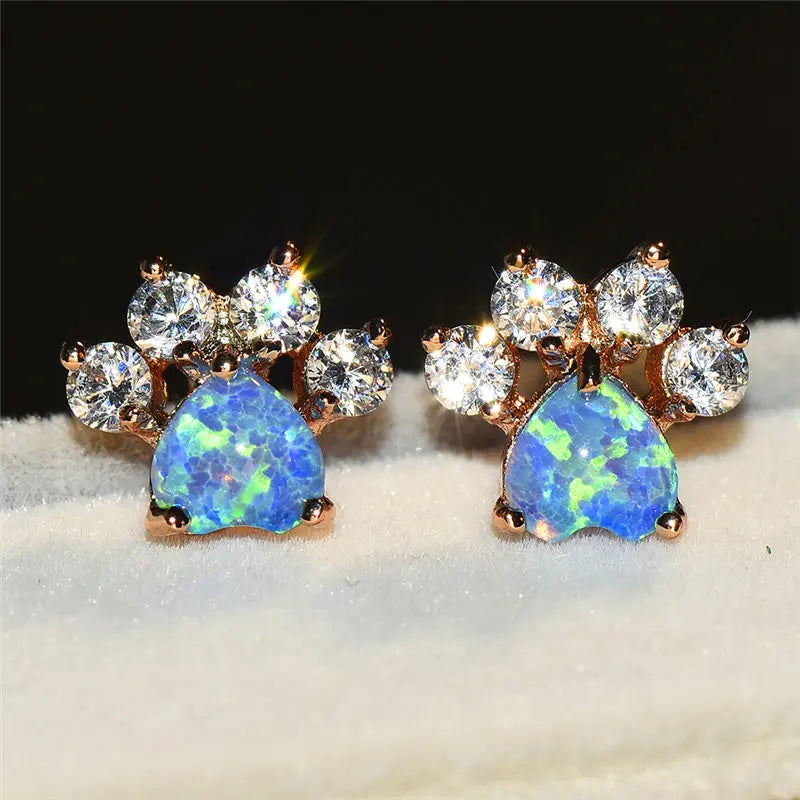Cubic Zirconia Paw Print Stud Earrings