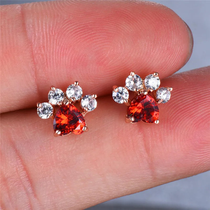 Cubic Zirconia Paw Print Stud Earrings