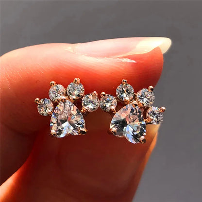 Cubic Zirconia Paw Print Stud Earrings