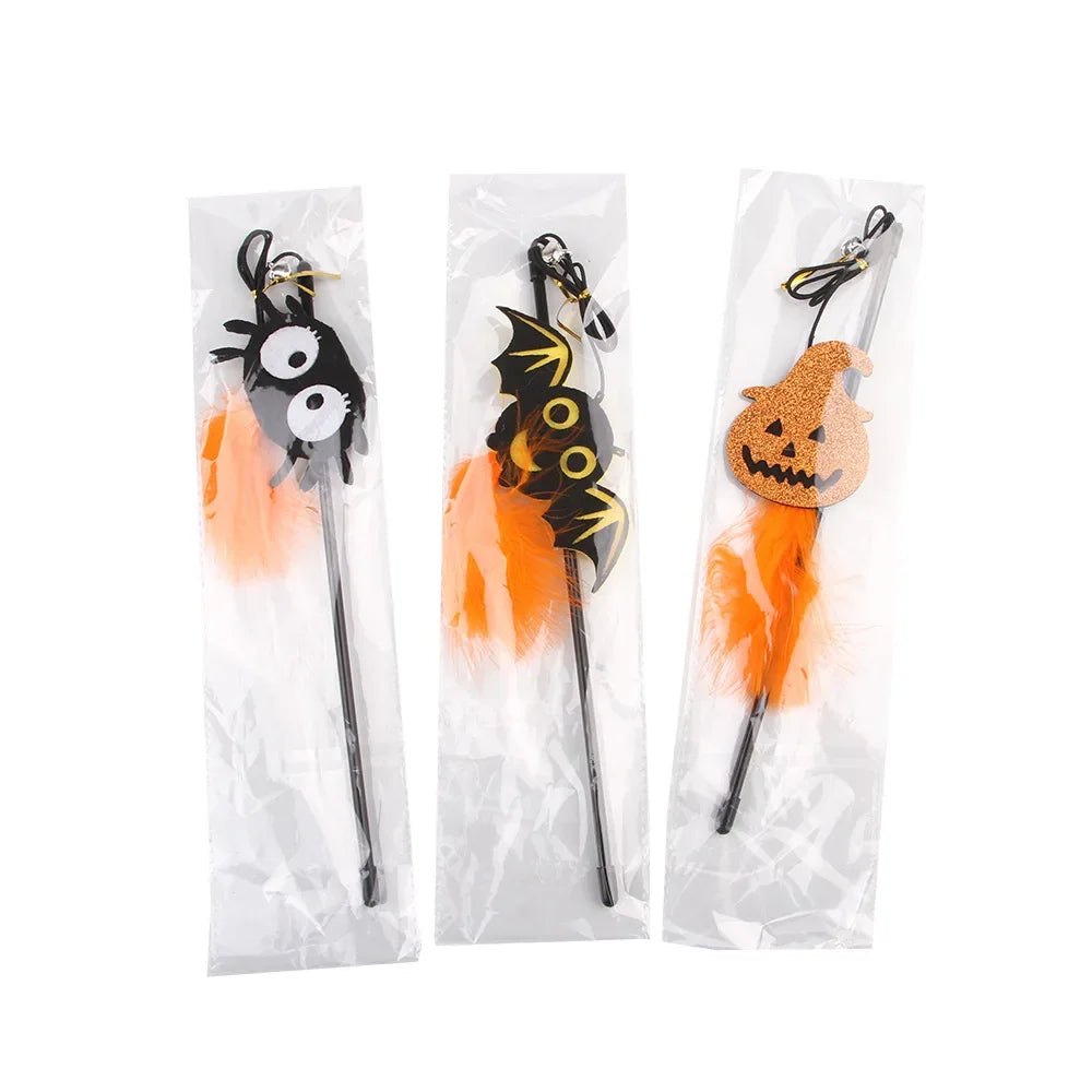 Halloween Cat Teaser Wand Toy – Bat, Pumpkin & Spider