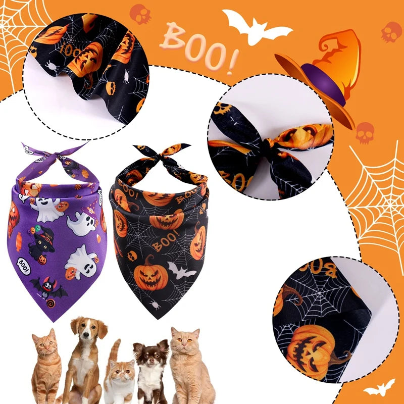 2-Pack Halloween Dog Bandanas – Pumpkin & Ghost Triangle Scarves for Pets