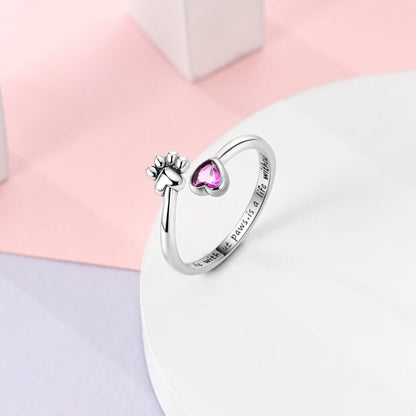 Paw Print Adjustable Heart Ring