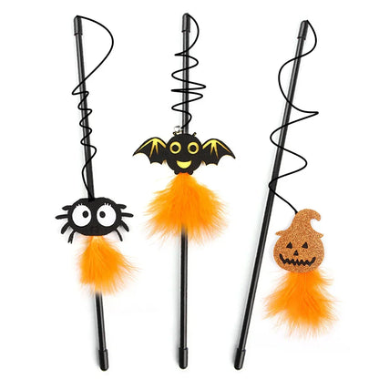 Halloween Cat Teaser Wand Toy – Bat, Pumpkin & Spider