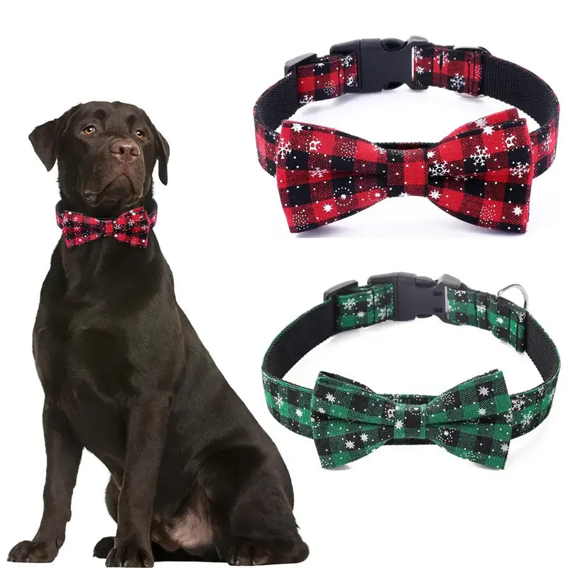 Christmas Plaid Pet Collar with Bow Tie - All Sizes