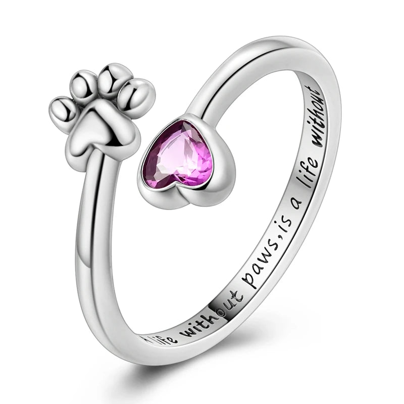 Paw Print Adjustable Heart Ring