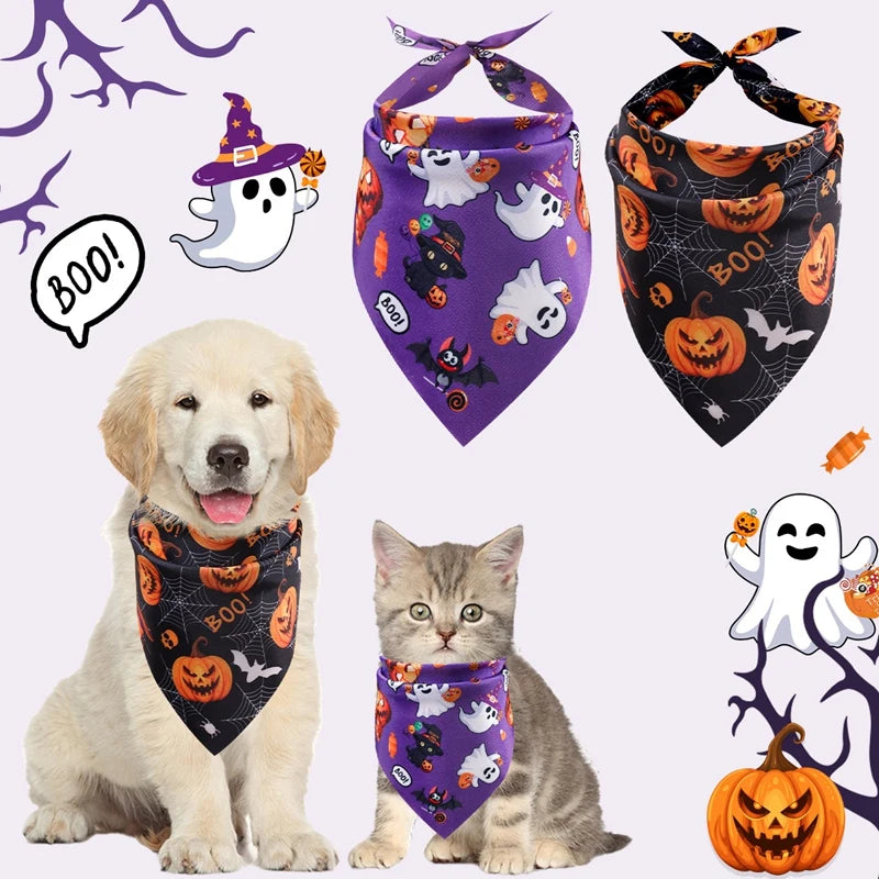2-Pack Halloween Dog Bandanas – Pumpkin & Ghost Triangle Scarves for Pets