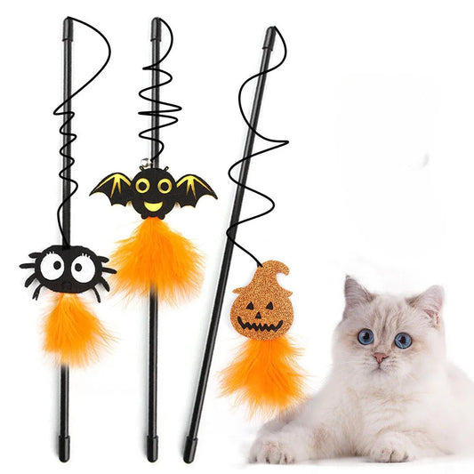 Halloween Cat Teaser Wand Toy – Bat, Pumpkin & Spider